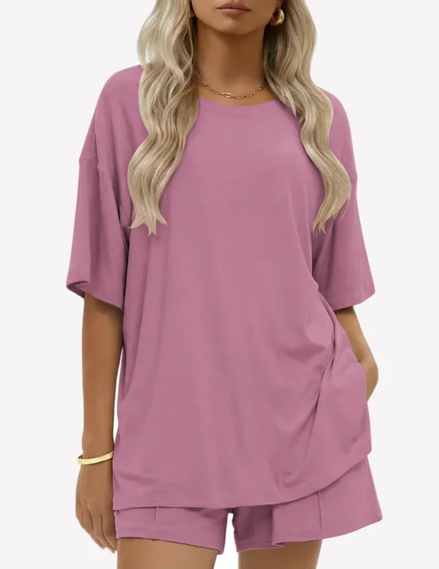 100% Cotton 2 Pieces Short Sets Short Sleeve Casual Lounge Set made by Ekouaer