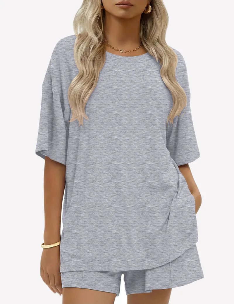 100% Cotton 2 Pieces Short Sets Short Sleeve Casual Lounge Set sold by Ekouaer product image thumbnail 5