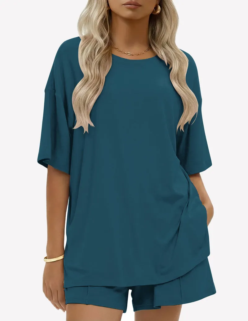 100% Cotton 2 Pieces Short Sets Short Sleeve Casual Lounge Set sold by Ekouaer product image thumbnail 3