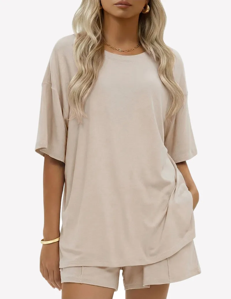 100% Cotton 2 Pieces Short Sets Short Sleeve Casual Lounge Set sold by Ekouaer product image thumbnail 2