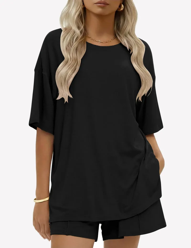100% Cotton 2 Pieces Short Sets Short Sleeve Casual Lounge Set sold by Ekouaer product image thumbnail 4
