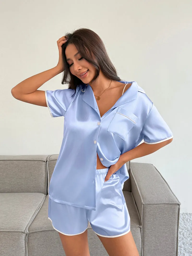 Satin Pajamas Set 2 piece Silky Button Down Sleepwear Shorts Pj Set sold by Ekouaer product image thumbnail 3