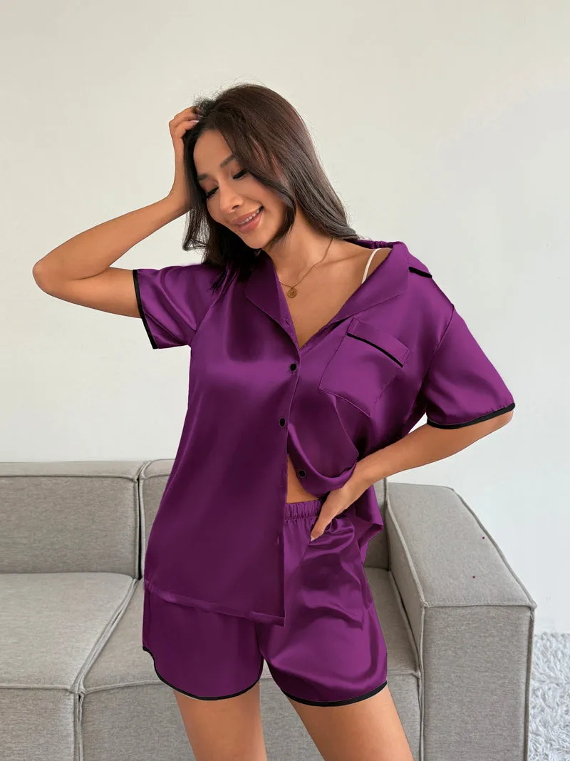 Satin Pajamas Set 2 piece Silky Button Down Sleepwear Shorts Pj Set sold by Ekouaer product image thumbnail 5