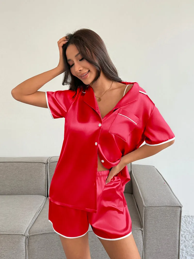 Satin Pajamas Set 2 piece Silky Button Down Sleepwear Shorts Pj Set sold by Ekouaer product image thumbnail 4