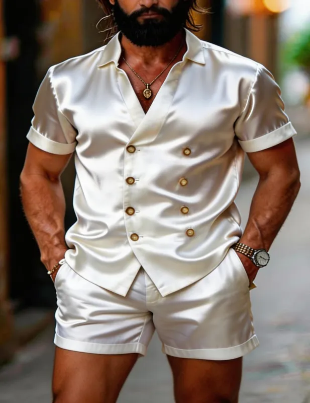 Men's Luxe Satin Double-Breasted Shirt & Shorts Set made by Ekouaer
