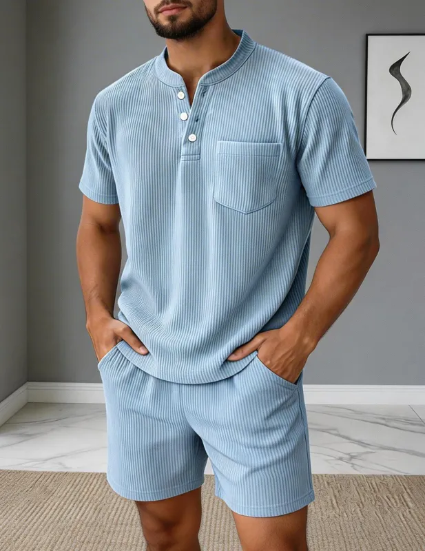 Men's Ribbed Henley Shirt & Drawstring Shorts Set made by Ekouaer