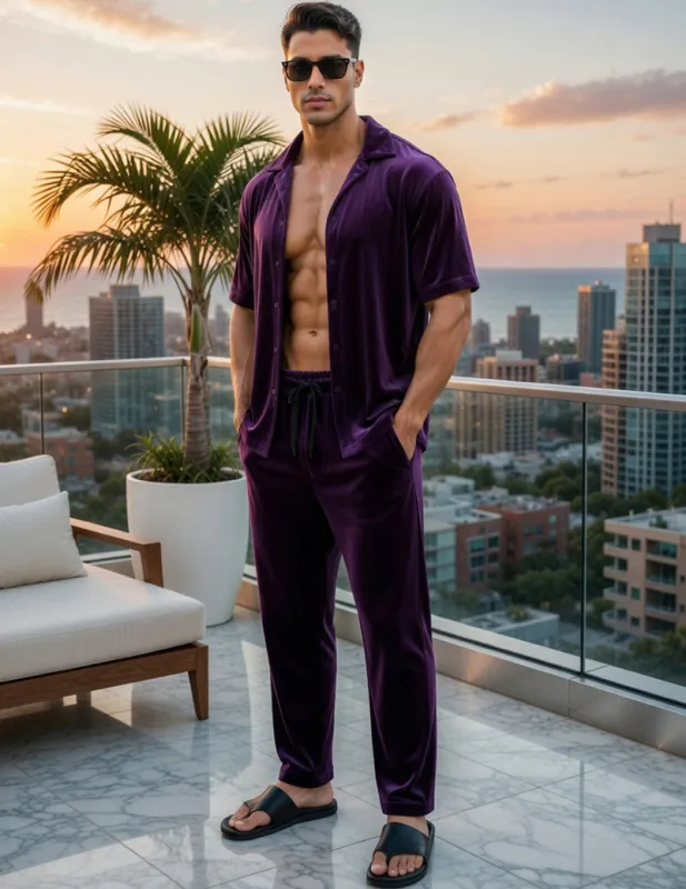 Men's Velvet Short-Sleeve Shirt & Drawstring Pants Set made by Ekouaer