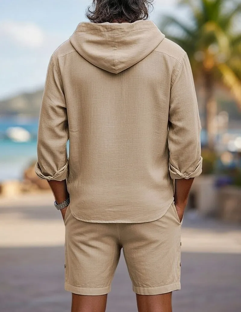 Men’s Linen Hooded Shirt + Button-Side Shorts Set sold by Ekouaer product image thumbnail 2
