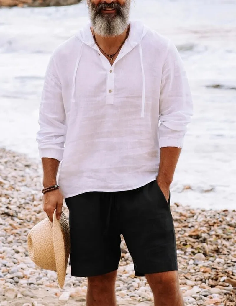 Men’s Linen Hooded Henley Shirt & Drawstring Shorts Set sold by Ekouaer