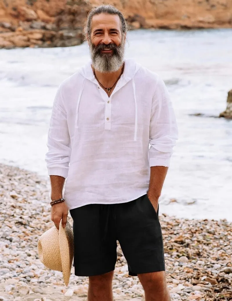 Men’s Linen Hooded Henley Shirt & Drawstring Shorts Set sold by Ekouaer product image thumbnail 2