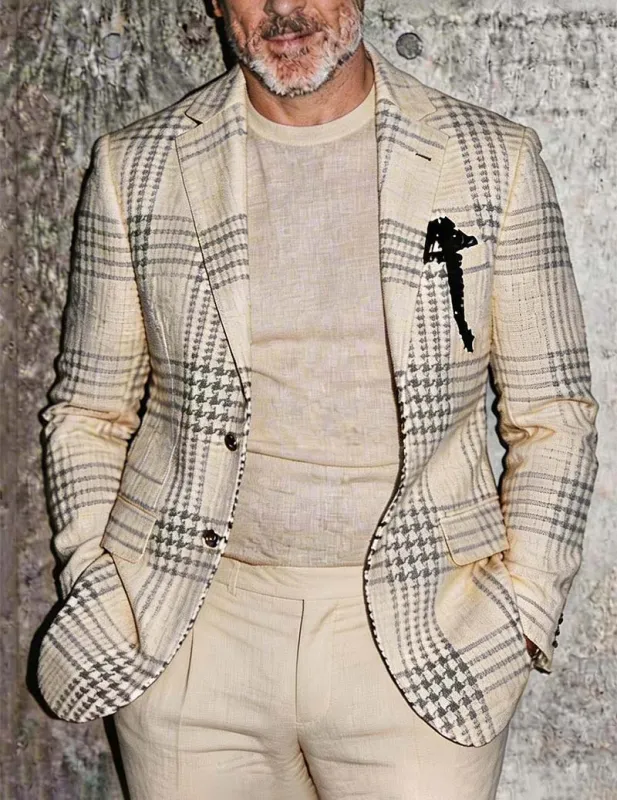 Men’s Cream Houndstooth Plaid Linen Blazer made by Ekouaer