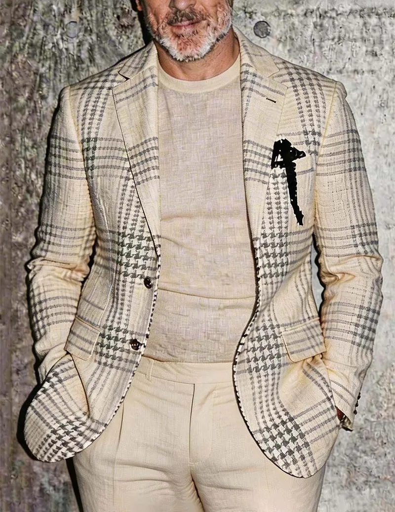 Men’s Cream Houndstooth Plaid Linen Blazer sold by Ekouaer