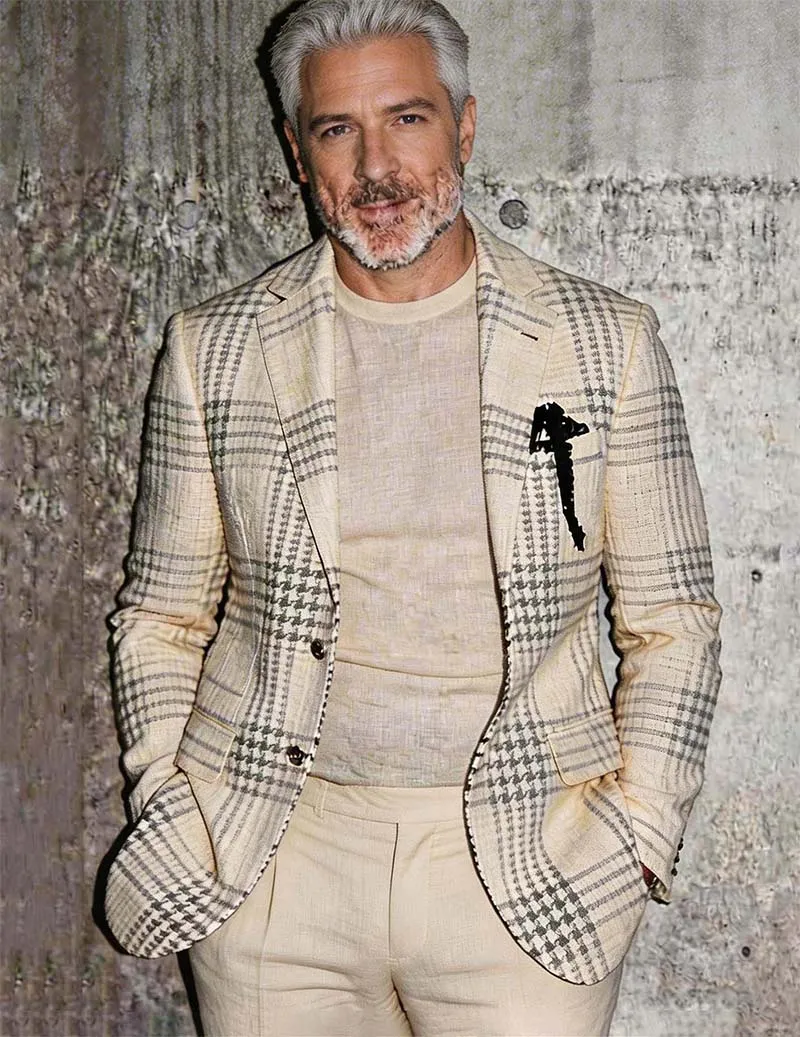 Men’s Cream Houndstooth Plaid Linen Blazer sold by Ekouaer product image thumbnail 2