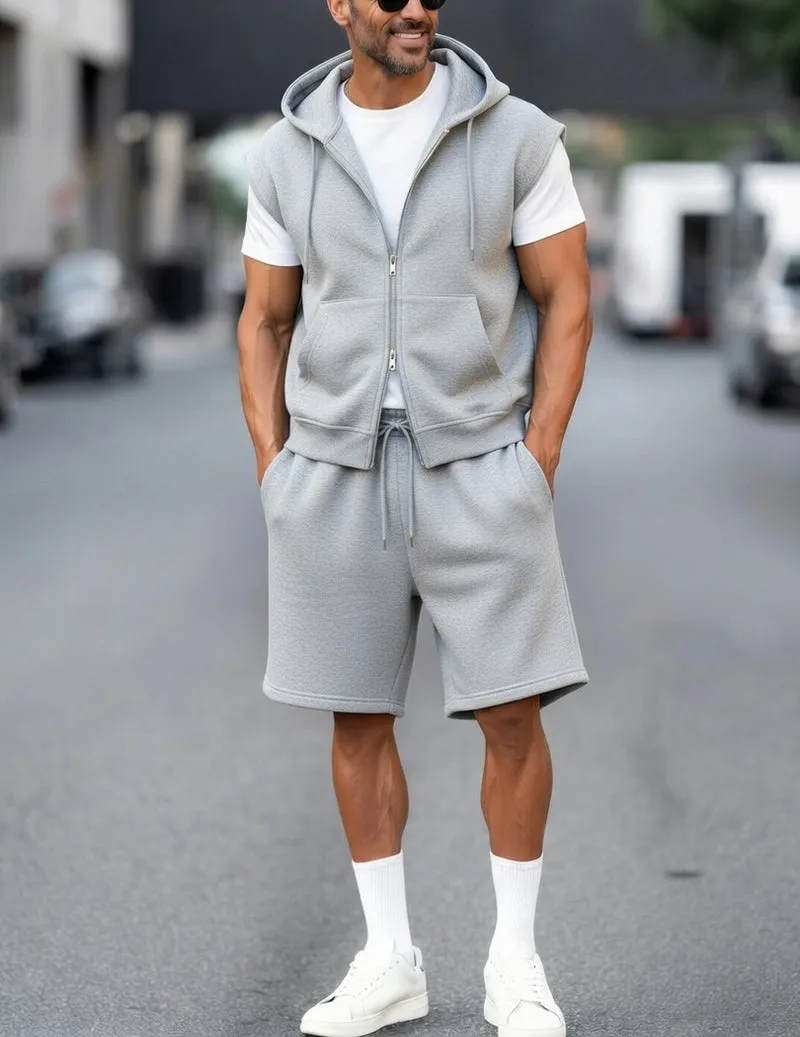 Sleeveless Hooded Zip-Up Vest & Shorts Set For Men sold by Ekouaer