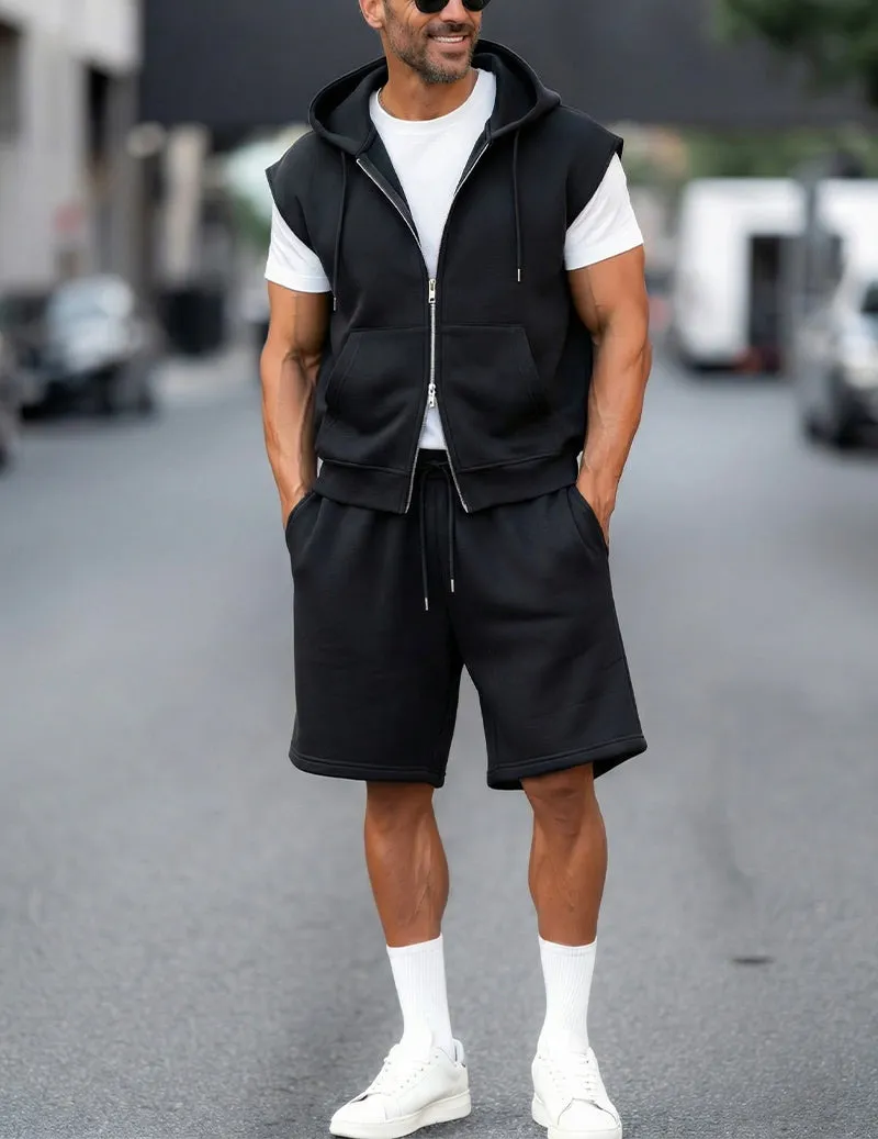 Sleeveless Hooded Zip-Up Vest & Shorts Set For Men sold by Ekouaer product image thumbnail 2