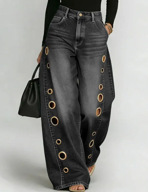 Wide-Leg Denim Pants with Gold Grommet Side Cutouts made by Ekouaer