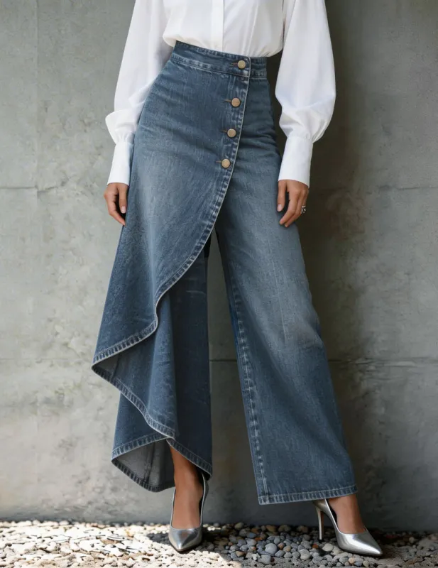 Asymmetric Button-Front Wrap Denim Wide-Leg Pants made by Ekouaer