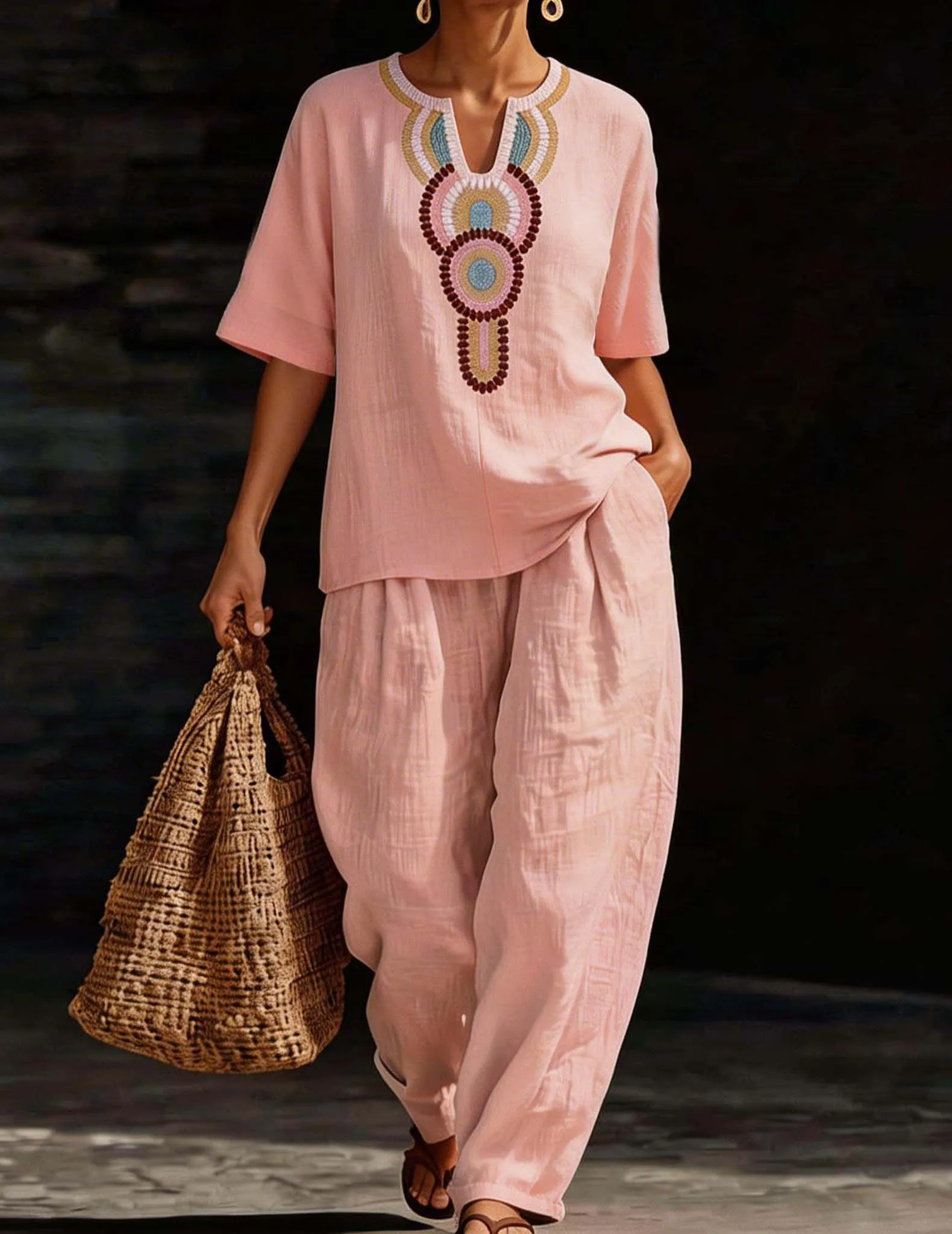 Embroidered Linen Co-ord Set Tunic Top & Wide-Leg Pants sold by Ekouaer product image thumbnail 3