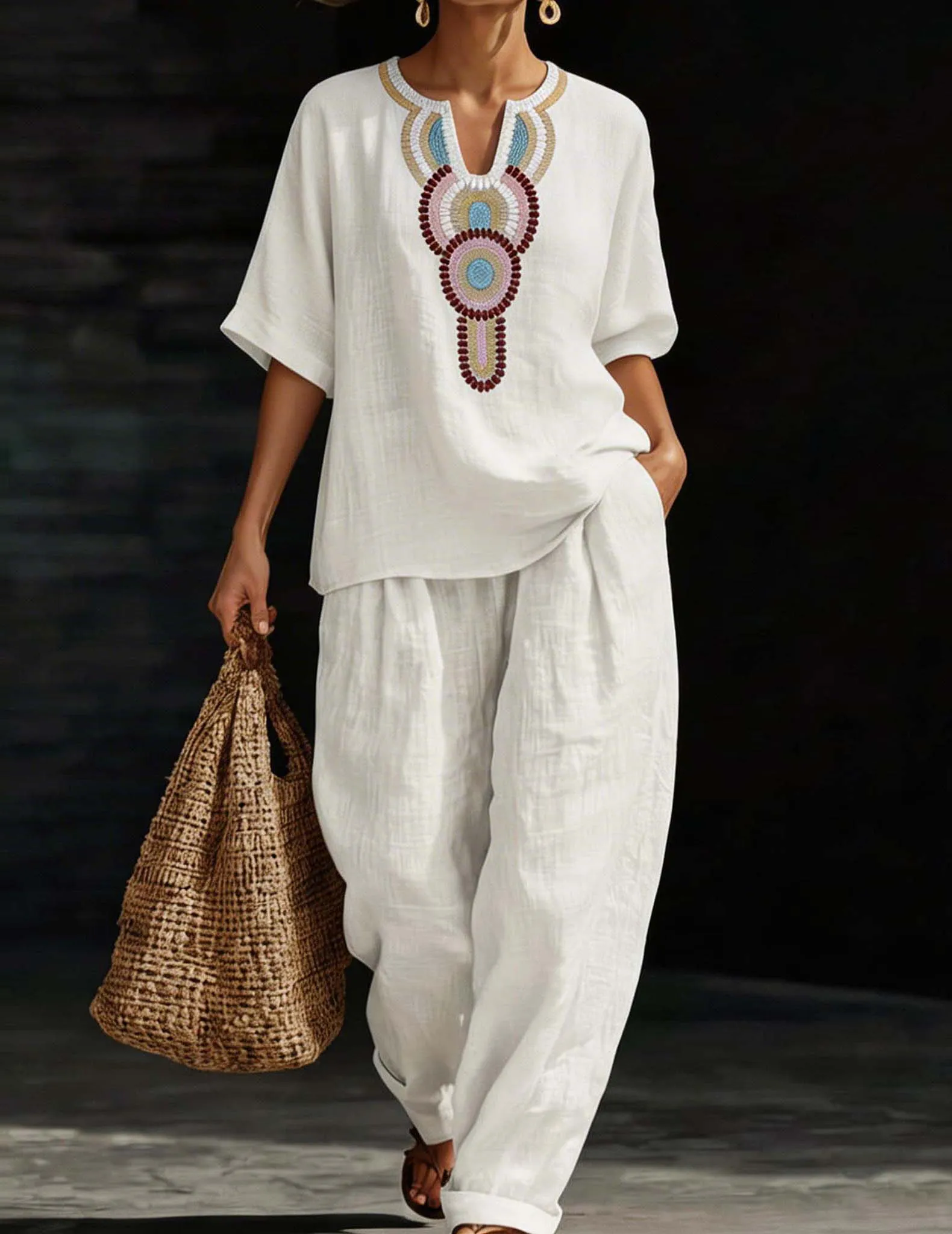 Embroidered Linen Co-ord Set Tunic Top & Wide-Leg Pants sold by Ekouaer product image thumbnail 4