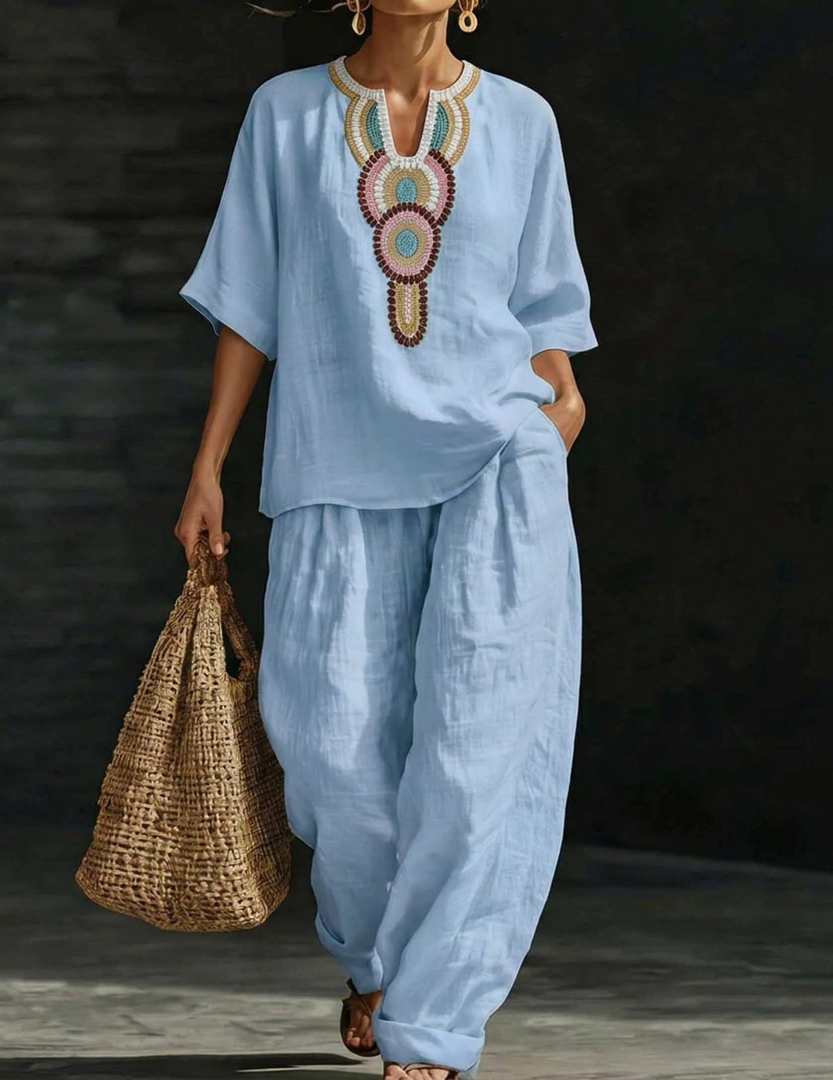 Embroidered Linen Co-ord Set Tunic Top & Wide-Leg Pants sold by Ekouaer product image thumbnail 2