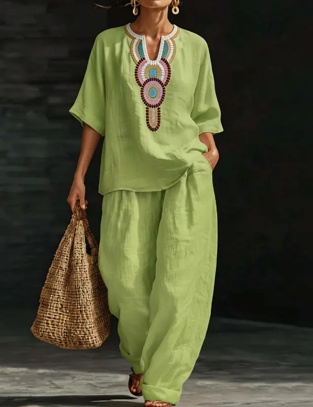 Embroidered Linen Co-ord Set Tunic Top & Wide-Leg Pants made by Ekouaer