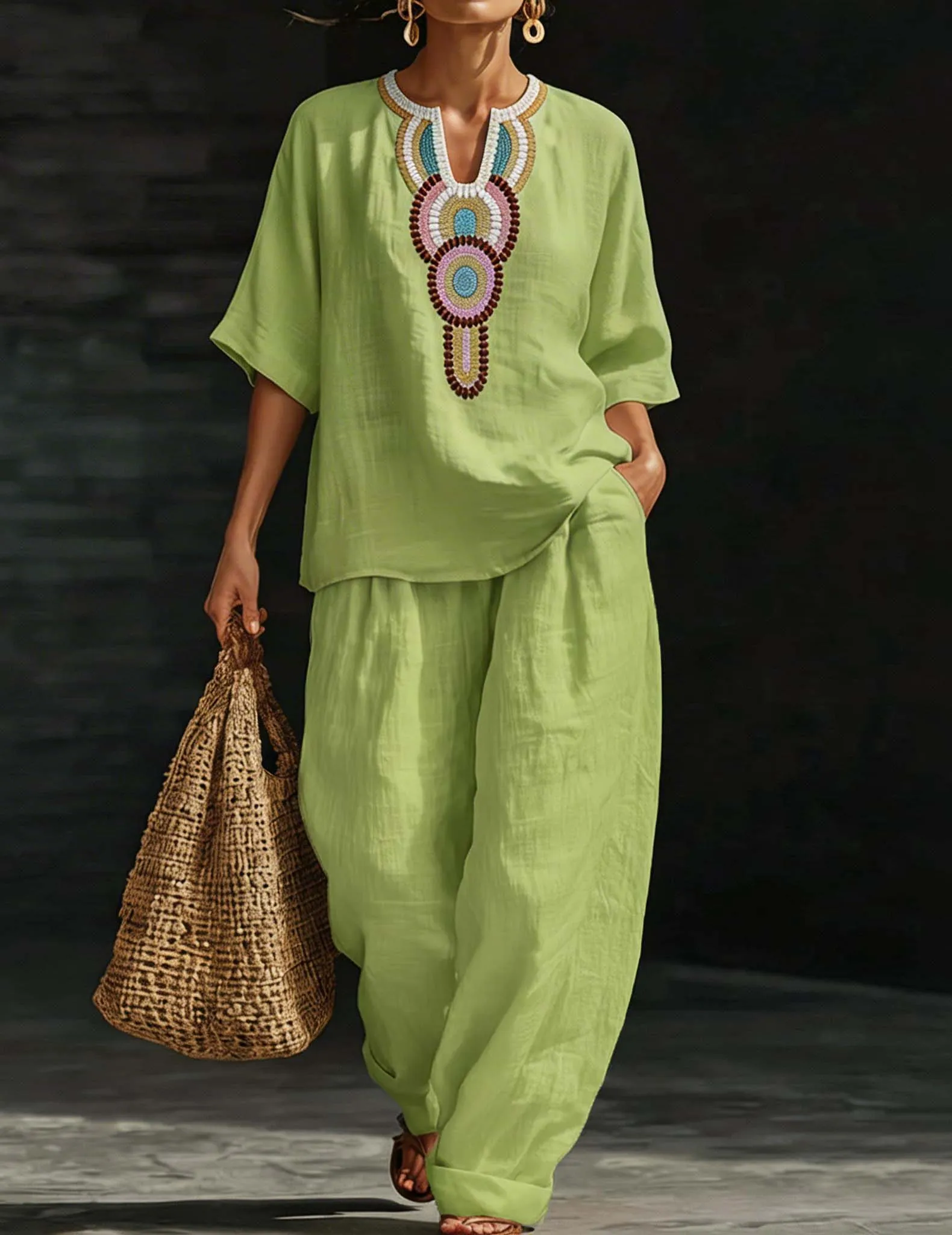 Embroidered Linen Co-ord Set Tunic Top & Wide-Leg Pants sold by Ekouaer