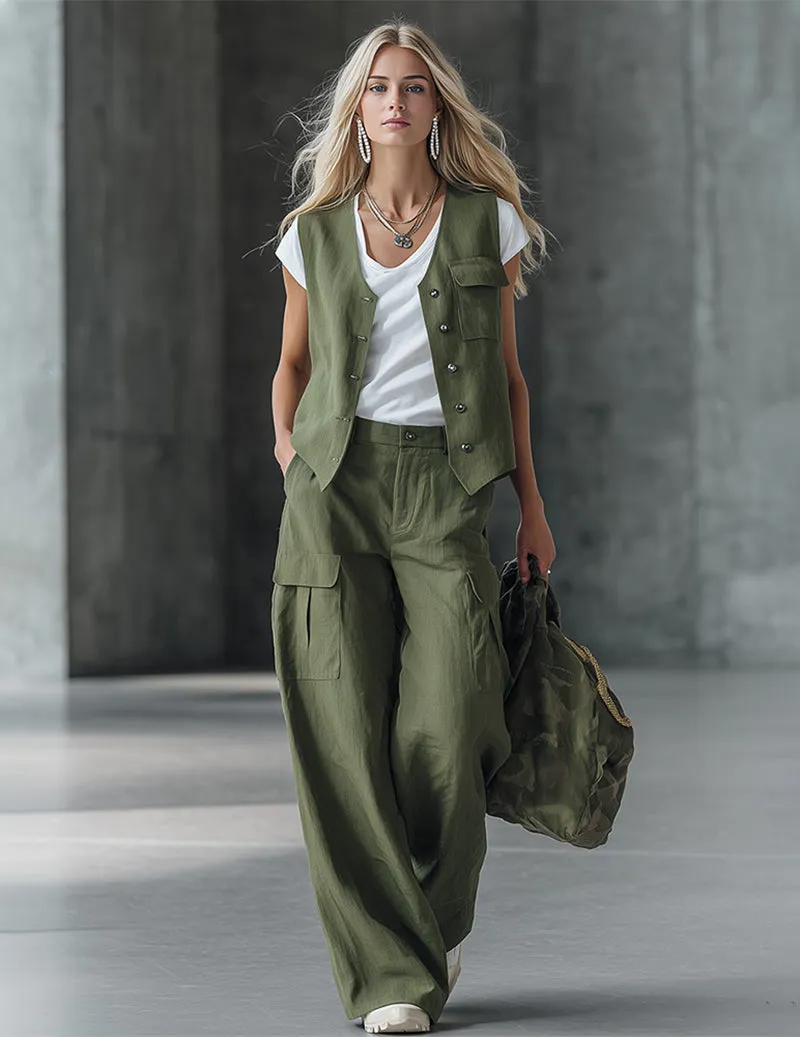 Chic Cotton Sleeveless Vest & Cargo Wide-Leg Pants Set sold by Ekouaer