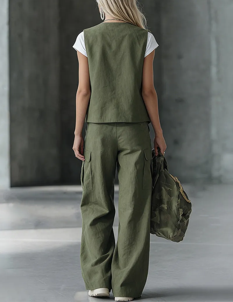 Chic Cotton Sleeveless Vest & Cargo Wide-Leg Pants Set sold by Ekouaer product image thumbnail 2