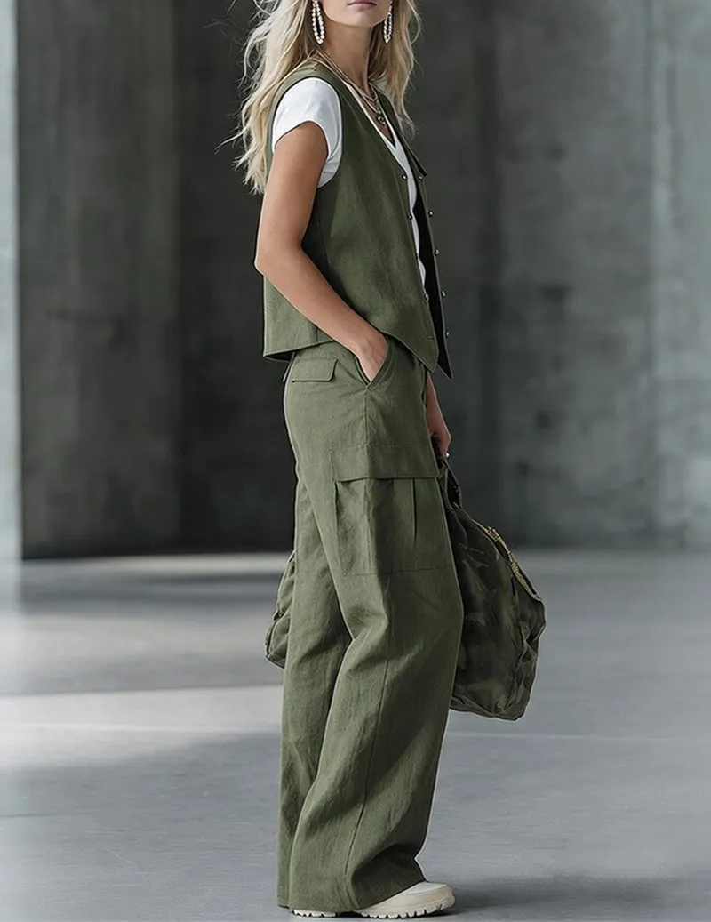 Chic Cotton Sleeveless Vest & Cargo Wide-Leg Pants Set sold by Ekouaer product image thumbnail 4