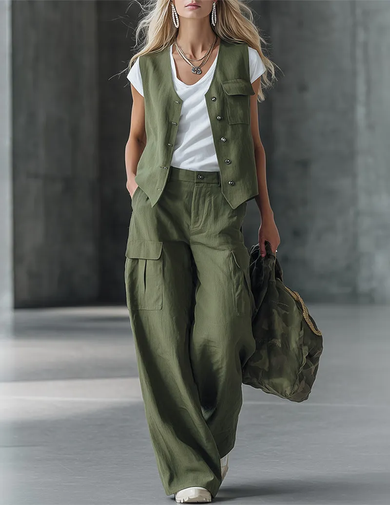 Chic Cotton Sleeveless Vest & Cargo Wide-Leg Pants Set sold by Ekouaer product image thumbnail 3