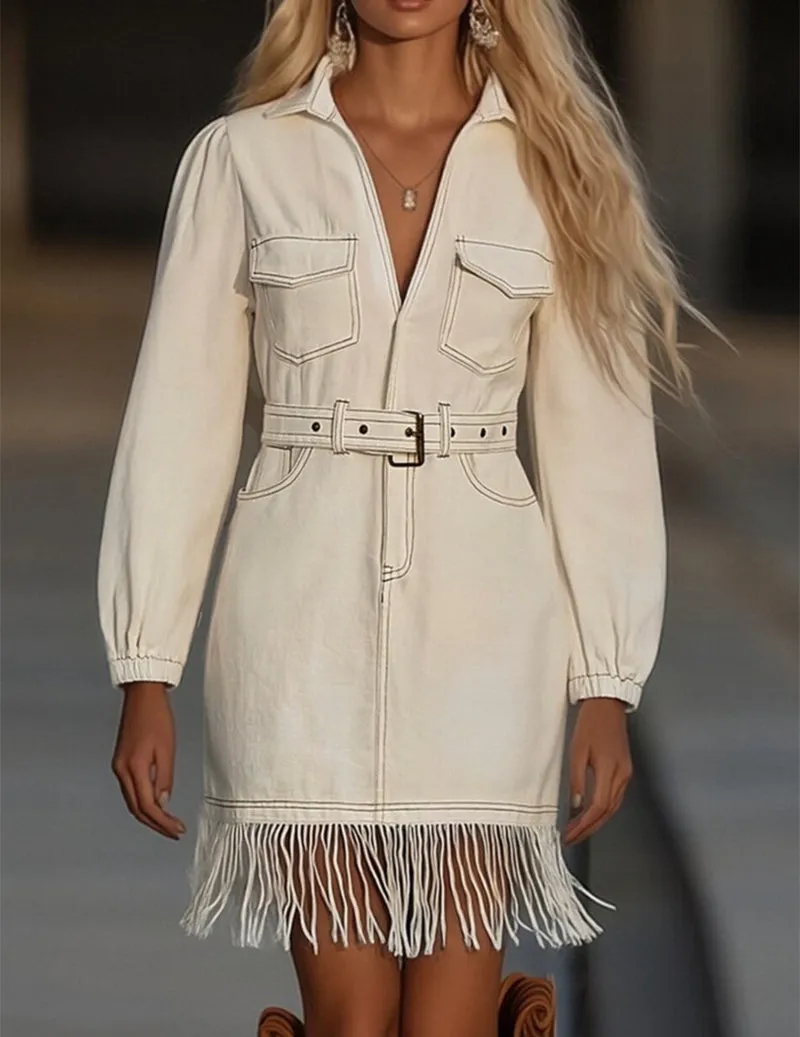 Fringed Western Denim Shirt Long-Sleeve Belted Dress sold by Ekouaer product image thumbnail 2