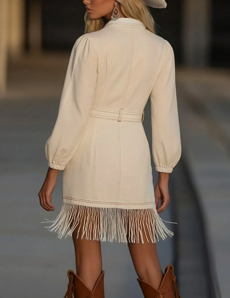 Fringed Western Denim Shirt Long-Sleeve Belted Dress sold by Ekouaer product image thumbnail 3