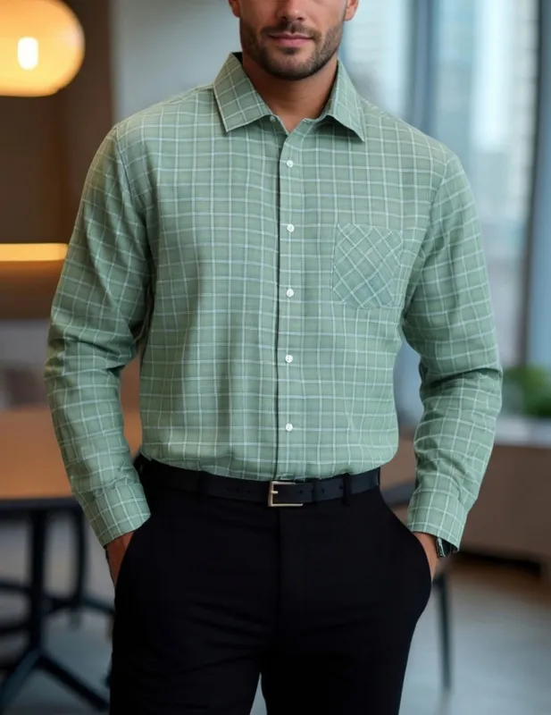 Men's Long-Sleeve Micro-Grid Check Shirt with Chest Pocket made by Ekouaer