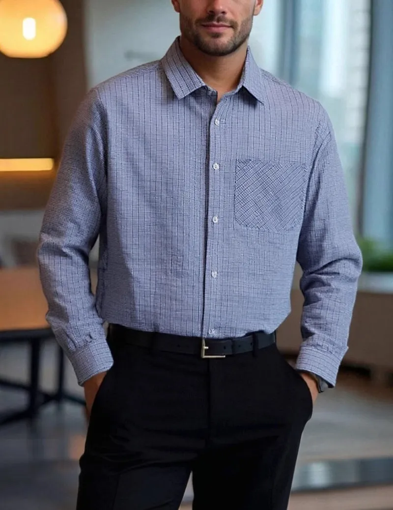 Men's Micro-Check Long-Sleeve Button-Down Shirt sold by Ekouaer product image thumbnail 2
