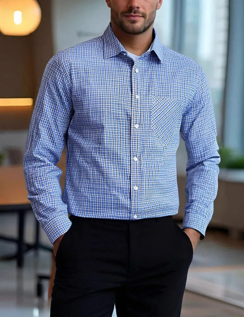 Men's Micro-Check Long-Sleeve Button-Down Shirt sold by Ekouaer product image thumbnail 3