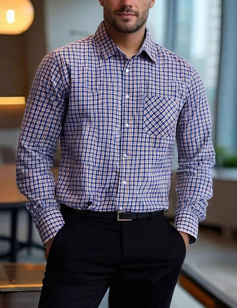 Men's Micro-Check Long-Sleeve Button-Down Shirt sold by Ekouaer
