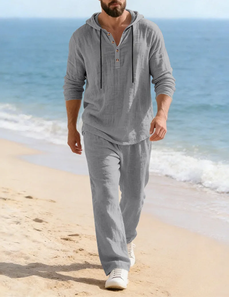 Men's Cotton Linen Hooded Shirt Wide-Leg Drawstring Pants Set sold by Ekouaer product image thumbnail 3