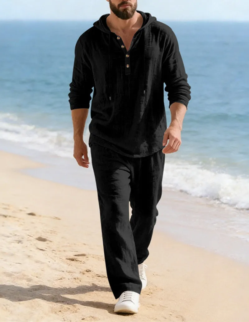 Men's Cotton Linen Hooded Shirt Wide-Leg Drawstring Pants Set sold by Ekouaer product image thumbnail 4