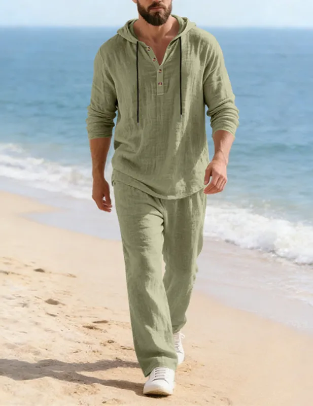 Men's Cotton Linen Hooded Shirt Wide-Leg Drawstring Pants Set made by Ekouaer