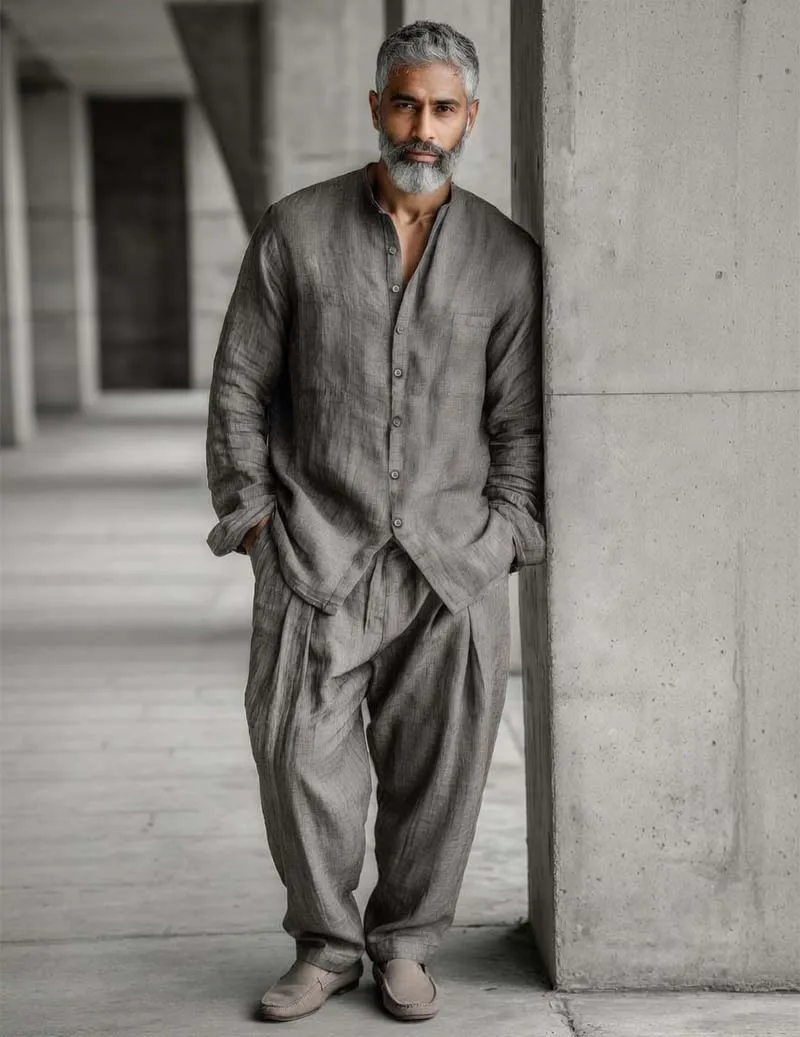 Men's Cotton Linen Long-Sleeve Shirt + Pleated Wide-Leg Pants Set sold by Ekouaer product image thumbnail 2