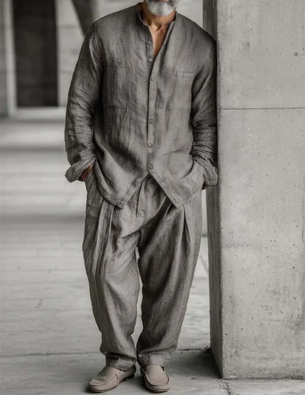Men's Cotton Linen Long-Sleeve Shirt + Pleated Wide-Leg Pants Set made by Ekouaer