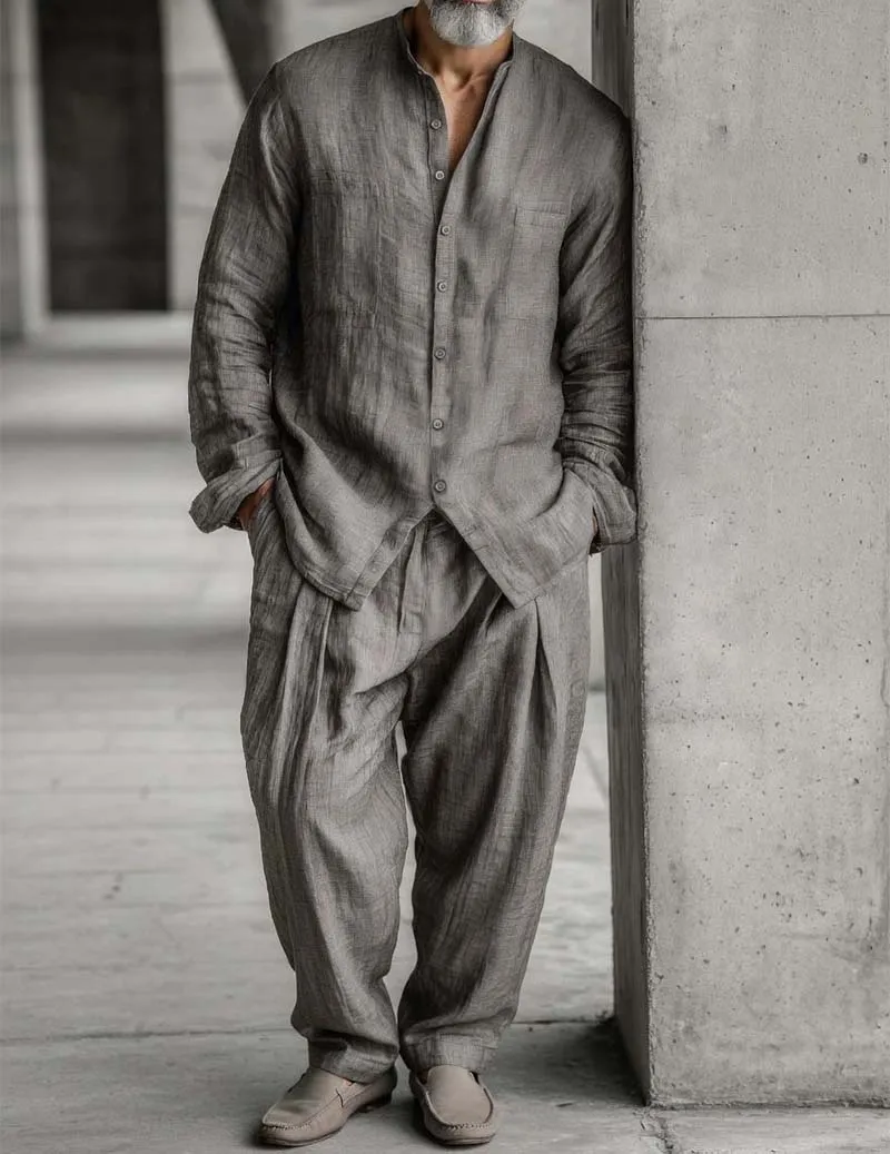 Men's Cotton Linen Long-Sleeve Shirt + Pleated Wide-Leg Pants Set sold by Ekouaer