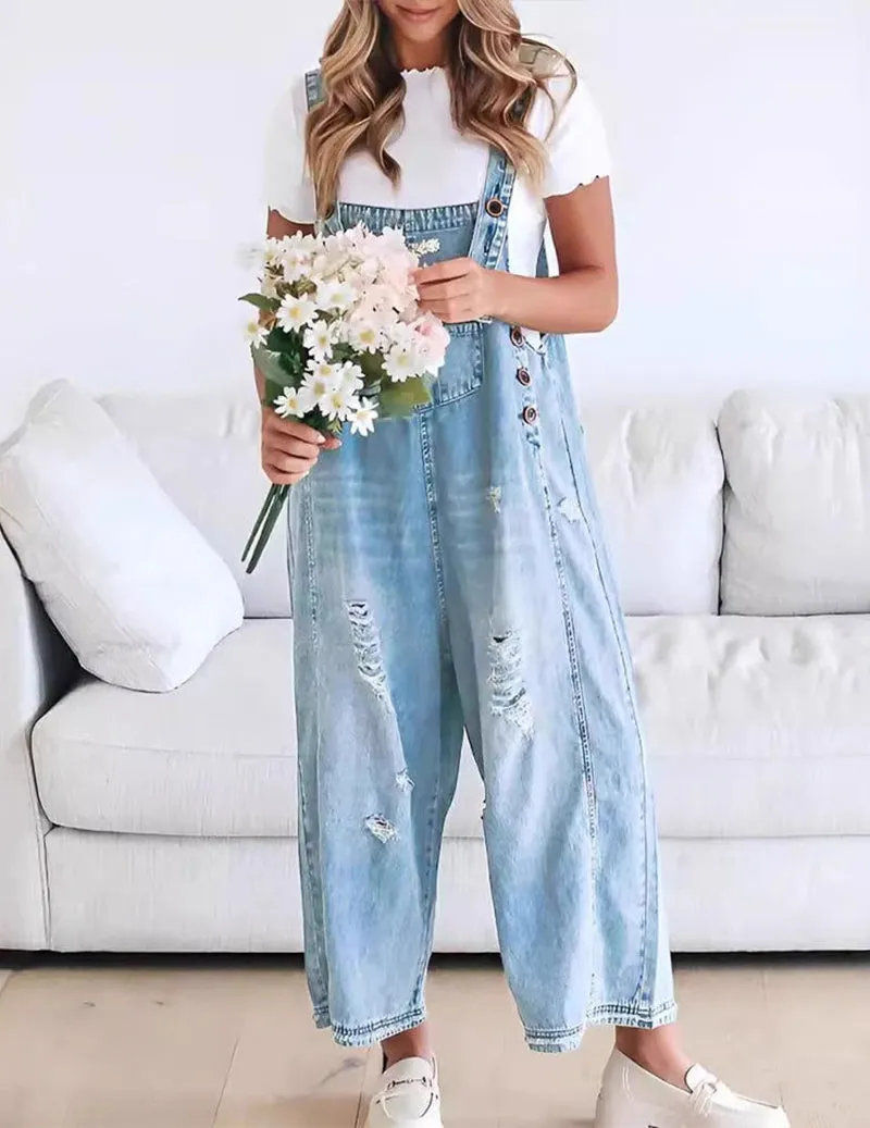 Adjustable Strap Denim Bib Overall Distressed Wide Leg Baggy Jumpsuit sold by Ekouaer product image thumbnail 4