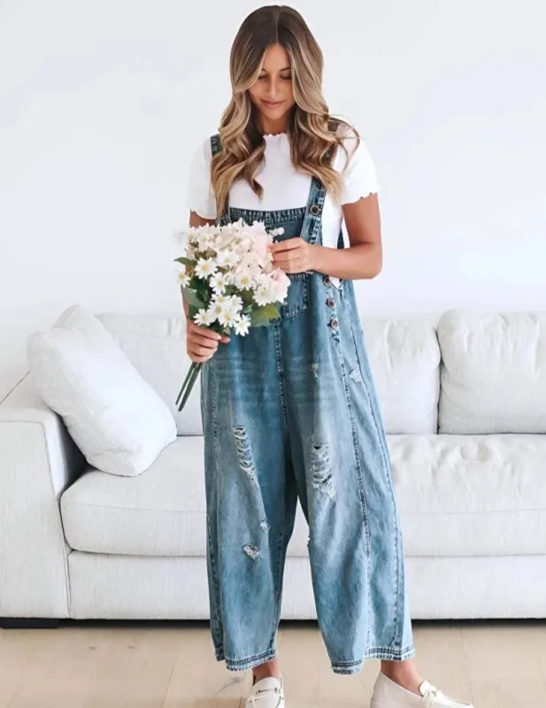Adjustable Strap Denim Bib Overall Distressed Wide Leg Baggy Jumpsuit made by Ekouaer