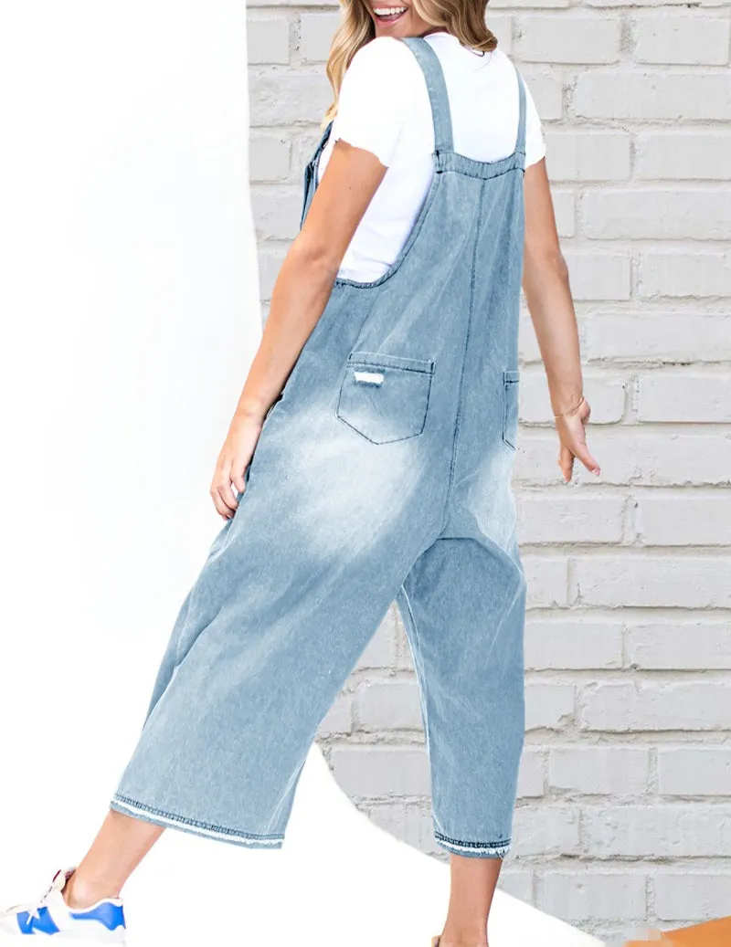 Adjustable Strap Denim Bib Overall Distressed Wide Leg Baggy Jumpsuit sold by Ekouaer product image thumbnail 5