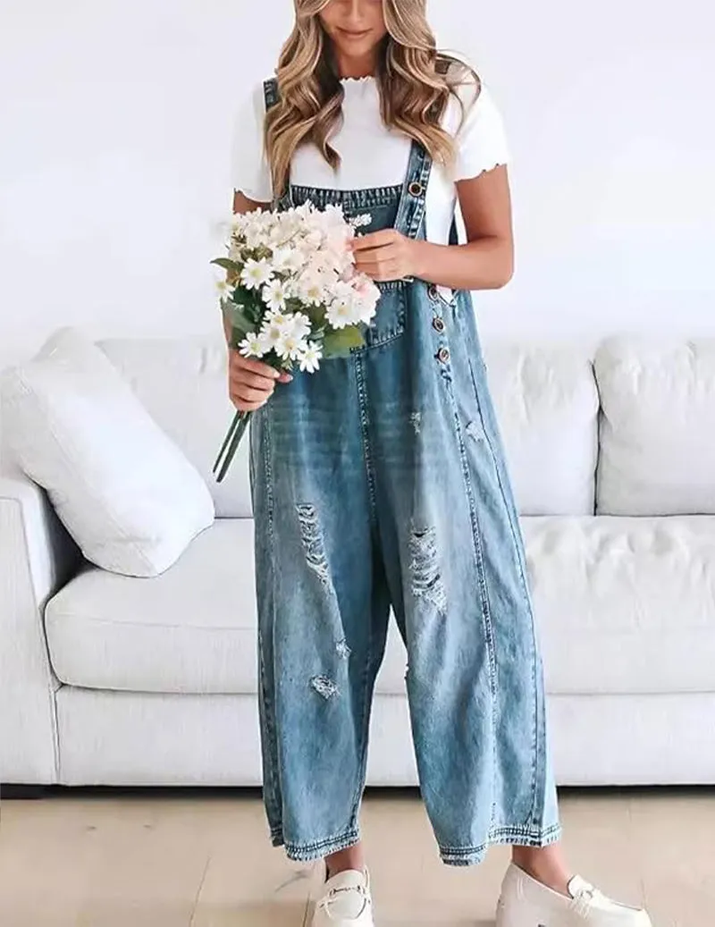 Adjustable Strap Denim Bib Overall Distressed Wide Leg Baggy Jumpsuit sold by Ekouaer product image thumbnail 2