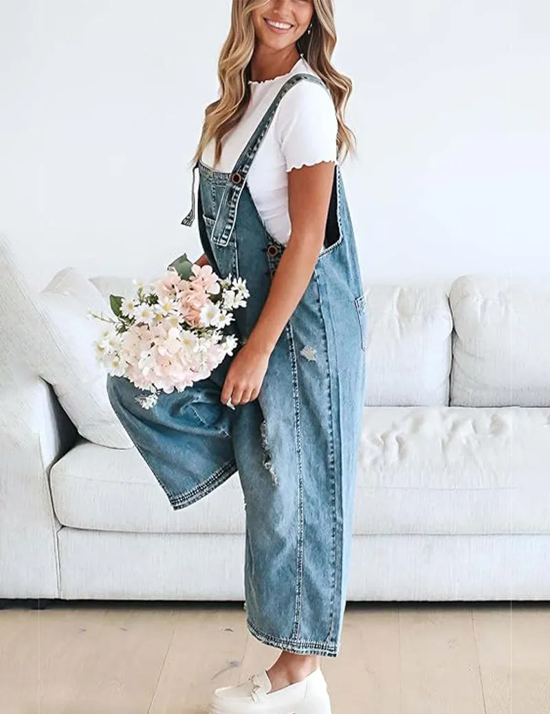 Adjustable Strap Denim Bib Overall Distressed Wide Leg Baggy Jumpsuit sold by Ekouaer product image thumbnail 3