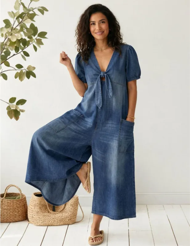 Denim Jumpsuit Puff Sleeve Tie Front Wide Leg Romper made by Ekouaer