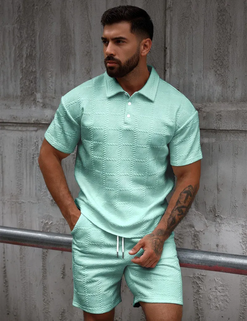 Men's Textured Polo Shirt & Shorts Set Knit Jacquard 2 Piece Outfit sold by Ekouaer product image thumbnail 3
