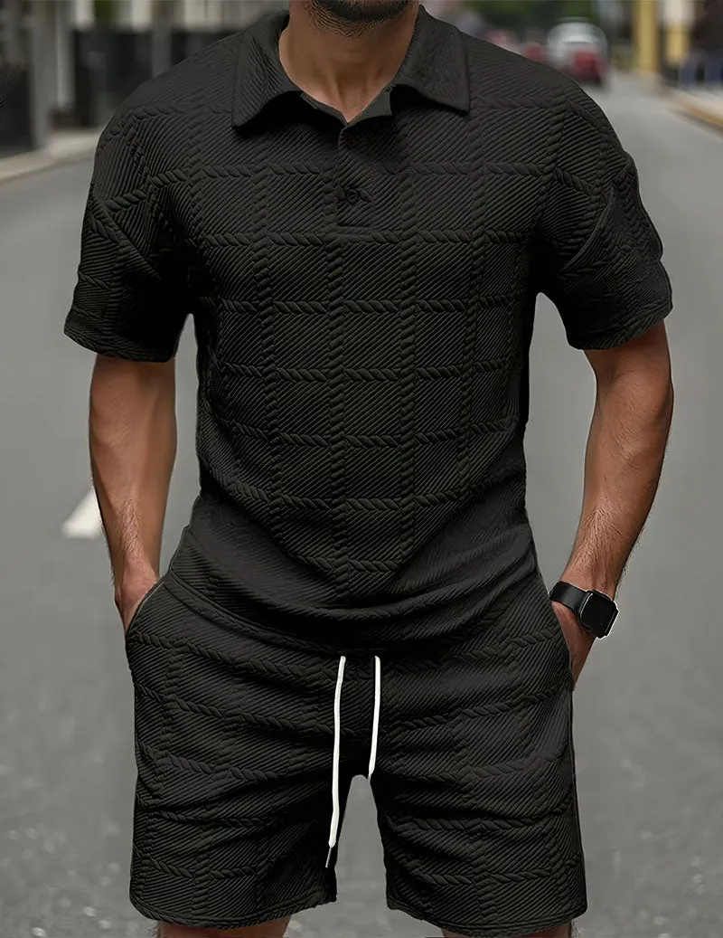 Men's Textured Polo Shirt & Shorts Set Knit Jacquard 2 Piece Outfit sold by Ekouaer product image thumbnail 4